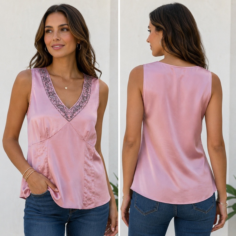 Nine West Pink 100% Silk Beaded V-Neck Sleeveless Blouse Tank Top Plus Size XL